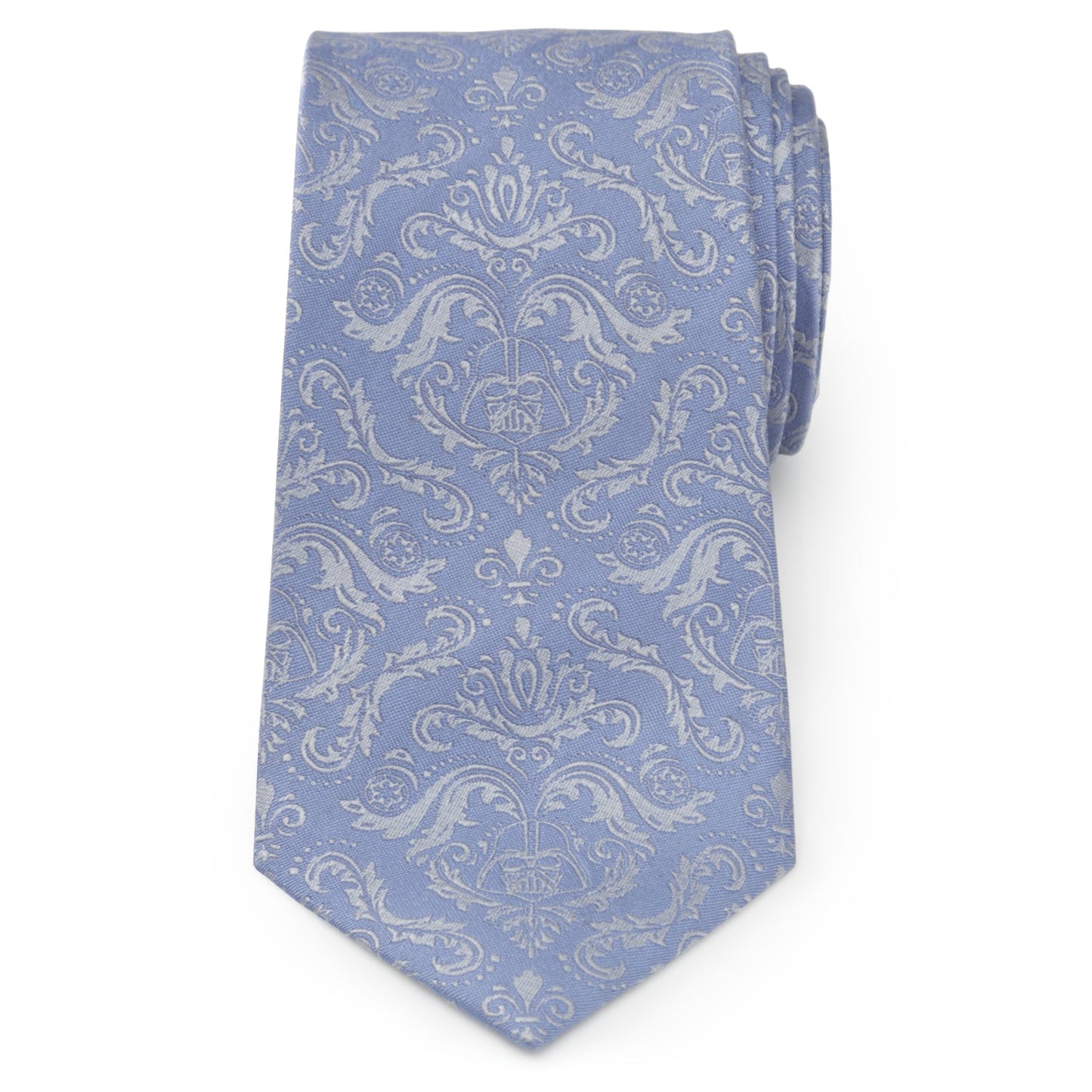 The Star Wars Darth Vader Blue Damask Tie by Cufflinks.com is a light blue silk accessory featuring a subtle floral pattern and small Darth Vader helmet designs—an elegant nod to iconic Imperial style.