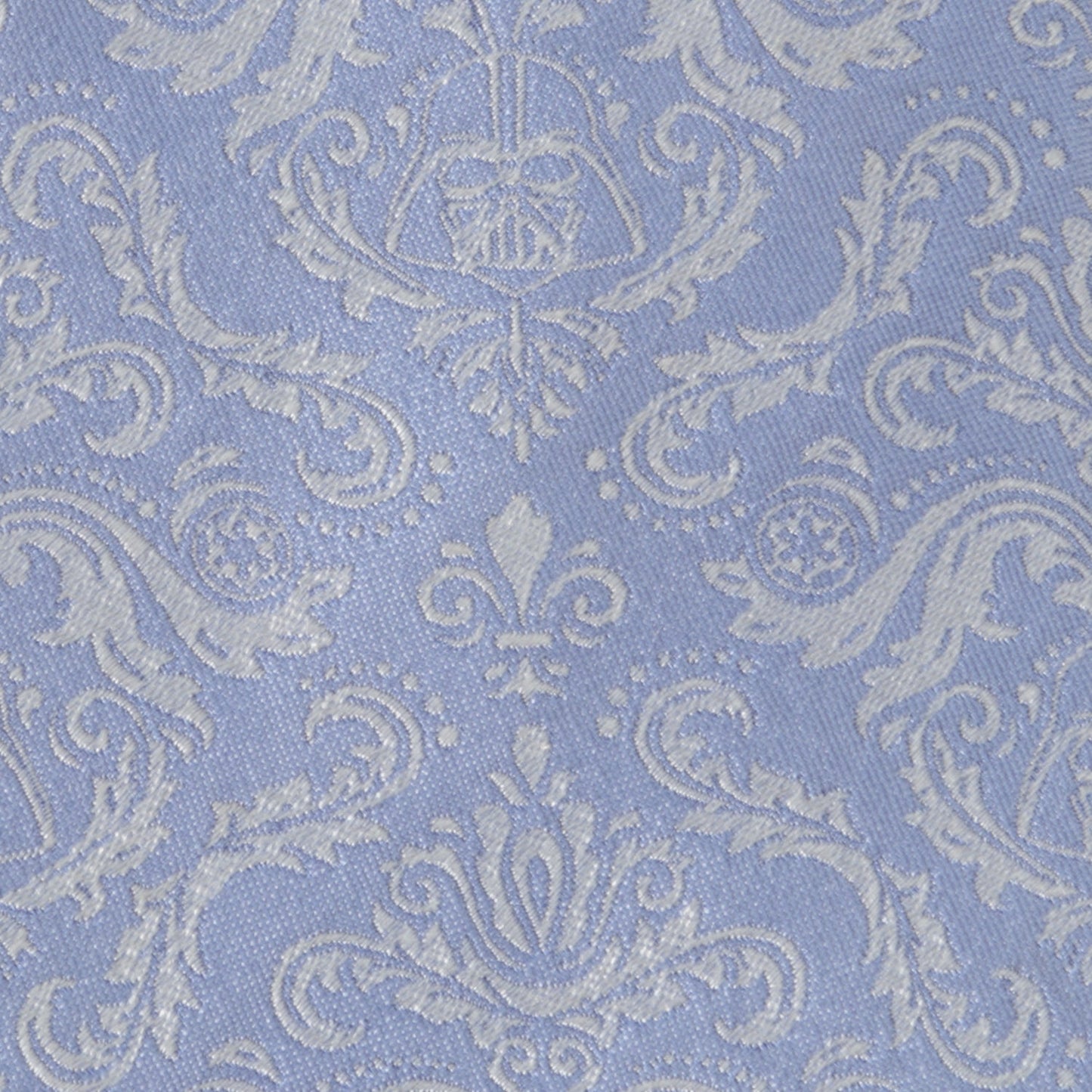 The Star Wars Darth Vader Blue Damask Tie by Cufflinks.com is a light blue silk accessory featuring a subtle floral pattern and small Darth Vader helmet designs—an elegant nod to iconic Imperial style.