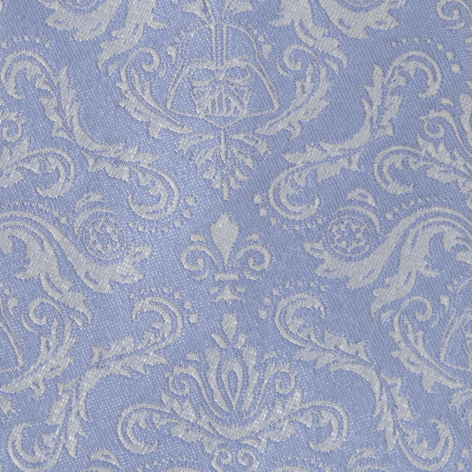 The Star Wars Darth Vader Blue Damask Tie by Cufflinks.com is a light blue silk accessory featuring a subtle floral pattern and small Darth Vader helmet designs—an elegant nod to iconic Imperial style.