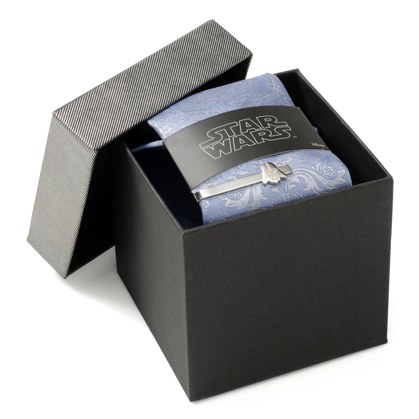 The Star Wars Darth Vader Blue Damask Tie and Tie Bar Gift Set by Cufflinks.com features a patterned blue tie and embossed silver tie bar, displayed on white—an ideal gift for Star Wars fans.