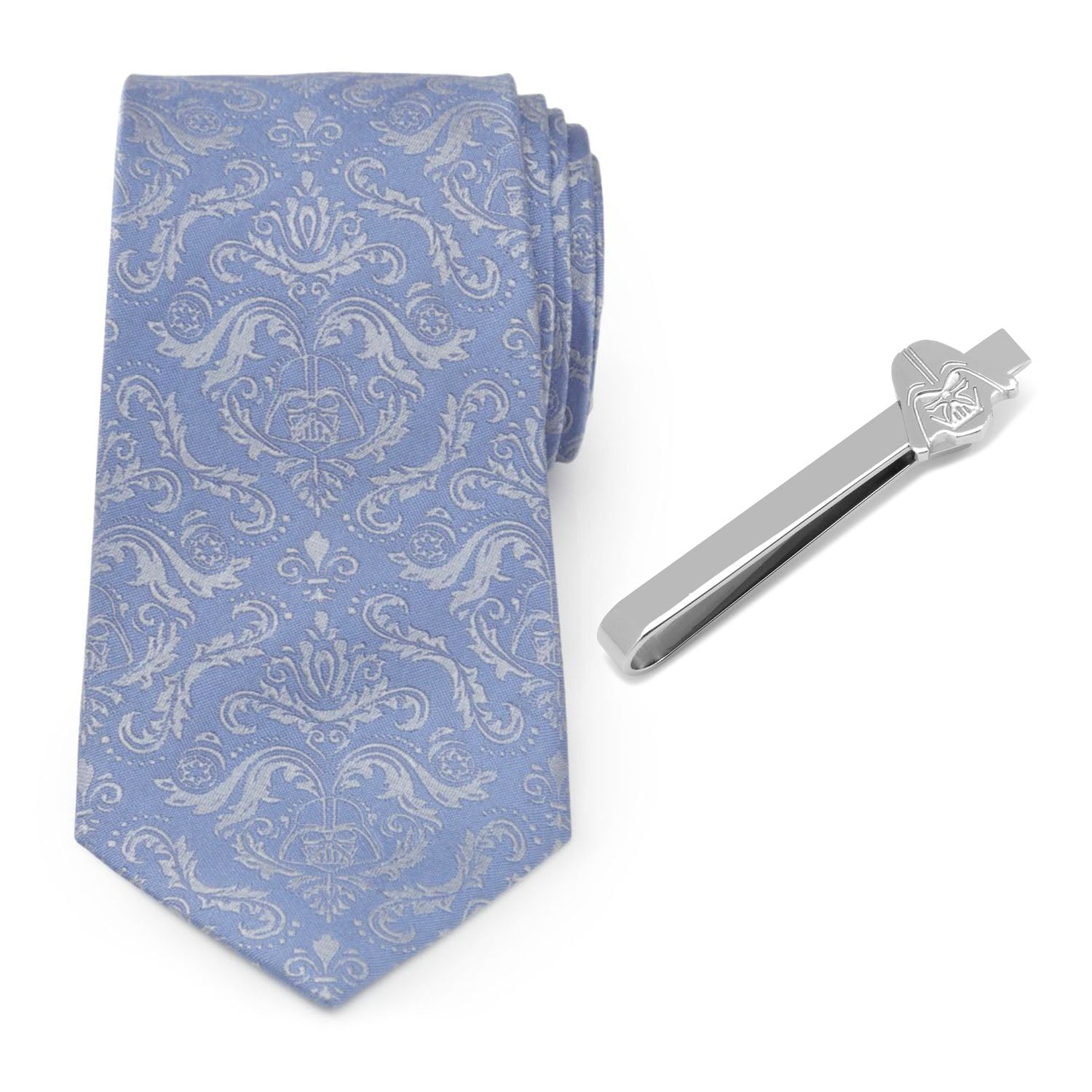 The Star Wars Darth Vader Blue Damask Tie and Tie Bar Gift Set by Cufflinks.com features a patterned blue tie and embossed silver tie bar, displayed on white—an ideal gift for Star Wars fans.