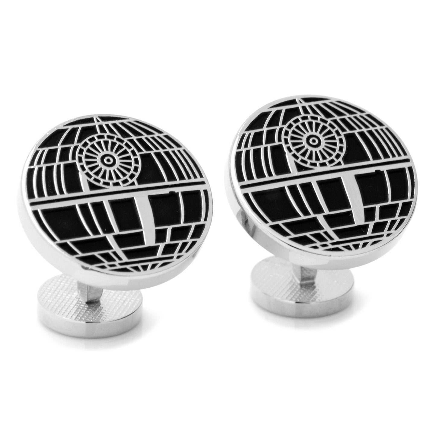 The Star Wars Death Star Recessed Matte Cufflinks by Cufflinks.com feature one black and silver Death Star design and one Empire logo, perfect for any Star Wars fan.