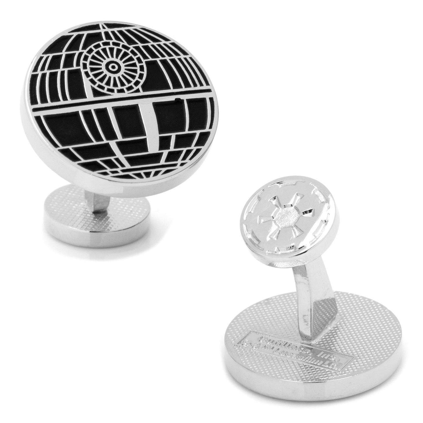 The Star Wars Death Star Recessed Matte Cufflinks by Cufflinks.com feature one black and silver Death Star design and one Empire logo, perfect for any Star Wars fan.