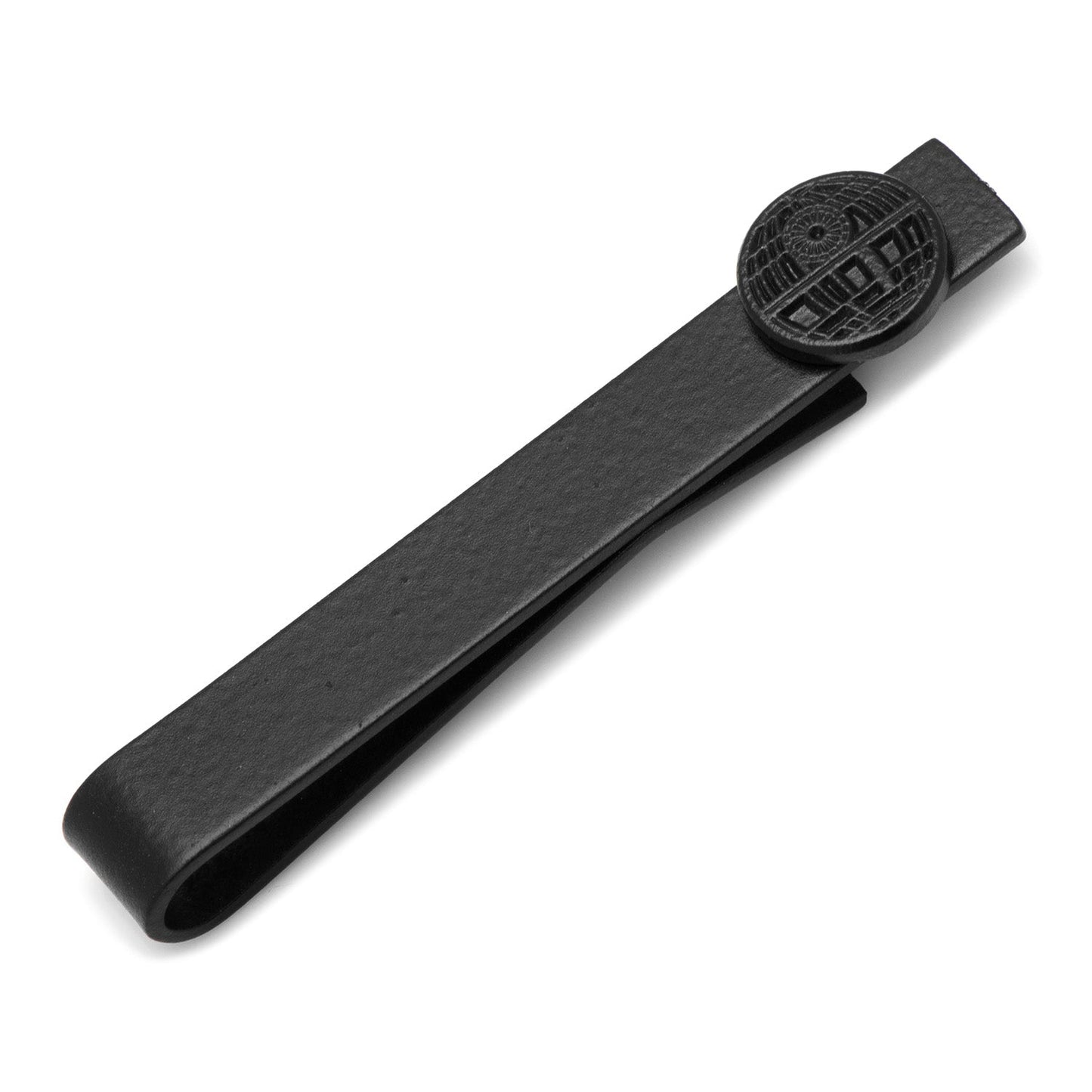 The Star Wars Death Star Satin Black Tie Bar by Cufflinks.com features a circular Death Star design on one end and is shown against a white background.