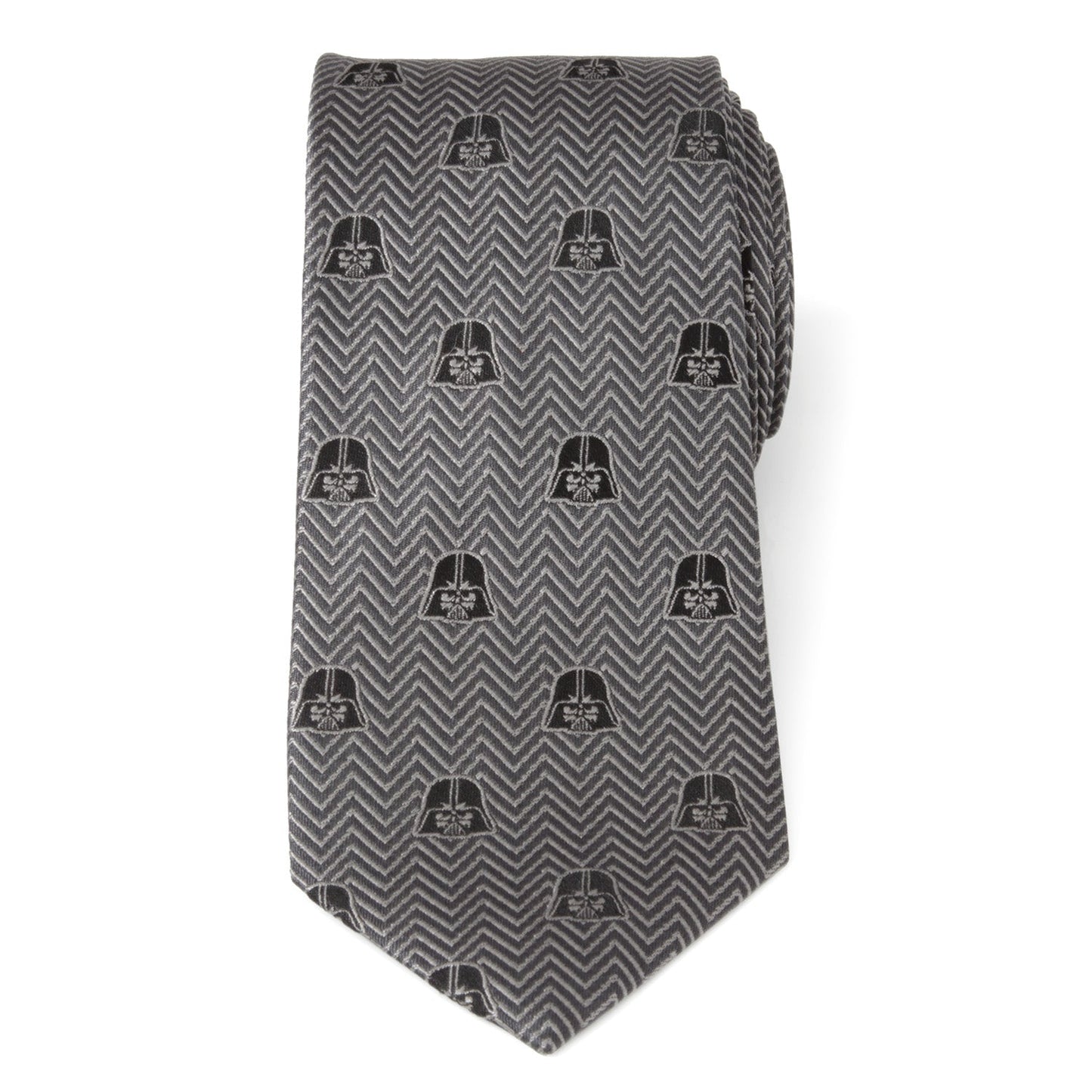 The Cufflinks.com Star Wars Darth Vader Black and Gray Herringbone Tie features a herringbone pattern with repeating Darth Vader helmet motifs.