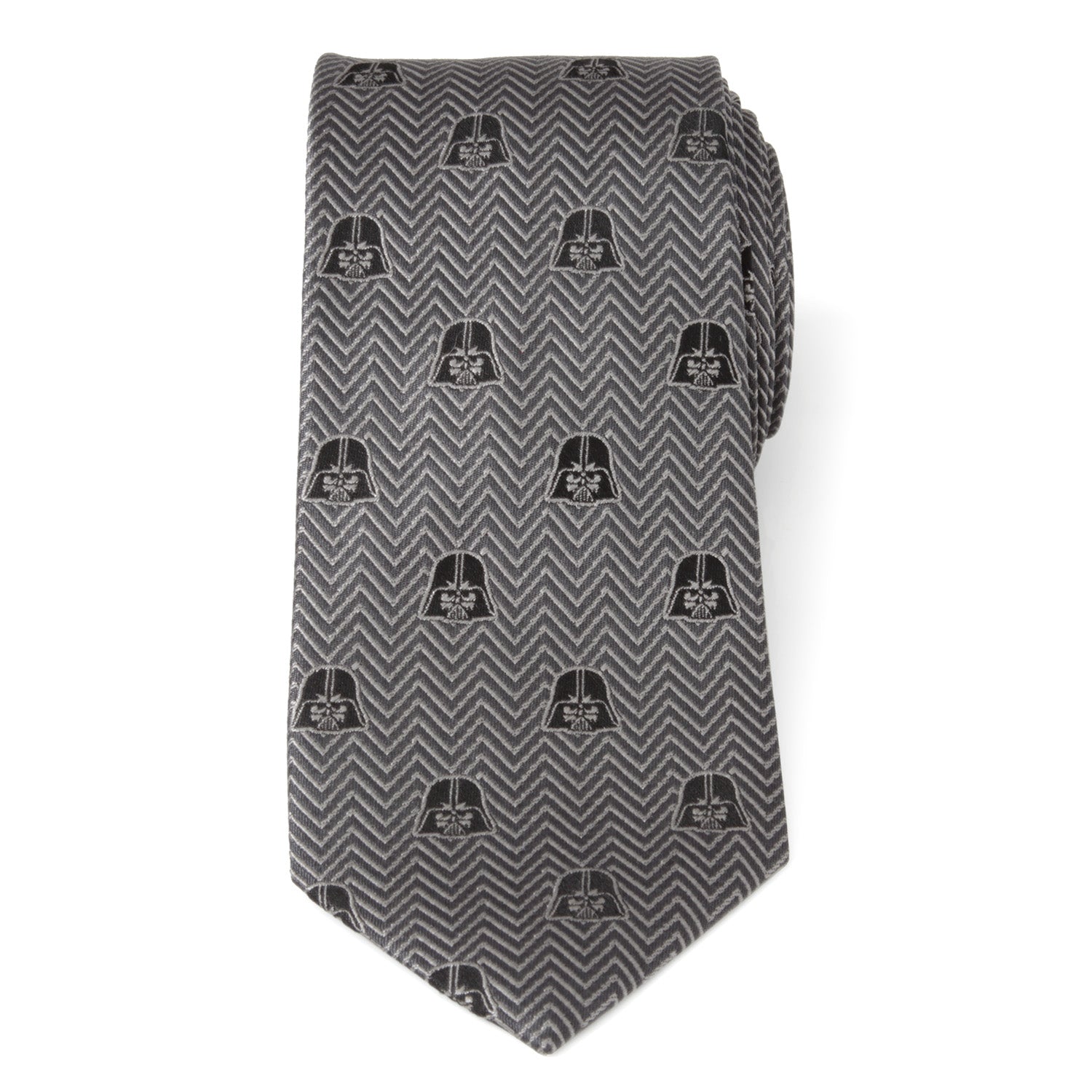 The Cufflinks.com Star Wars Darth Vader Black and Gray Herringbone Tie features a herringbone pattern with repeating Darth Vader helmet motifs.