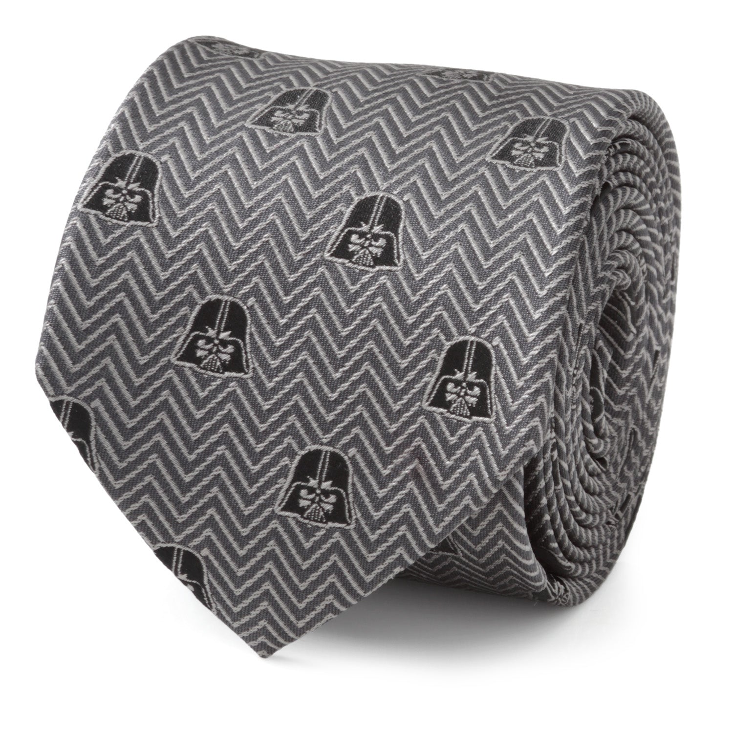The Cufflinks.com Star Wars Darth Vader Black and Gray Herringbone Tie features a herringbone pattern with repeating Darth Vader helmet motifs.