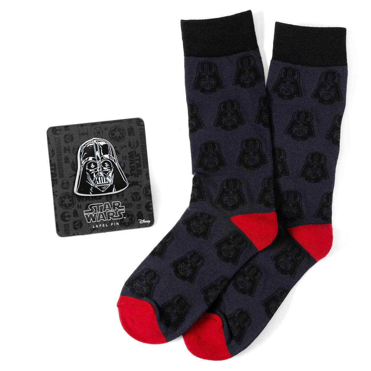 The Cufflinks.com Star Wars Darth Vader Black and Red Dress Sock and Lapel Pin Gift Set is perfect for fans, featuring socks with Darth Vader patterns and a square lapel pin with his helmet for a stylish Sith touch.