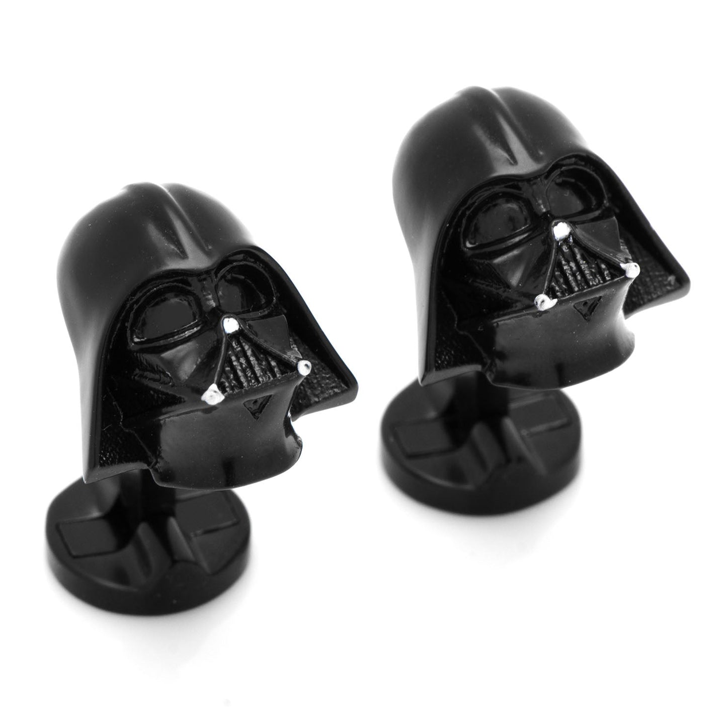 The Star Wars Darth Vader 3D Cufflinks by Cufflinks.com feature one cufflink shaped like Vader’s helmet and the other with the Galactic Empire symbol, making them perfect accessories for any fan. Shown on a white background.