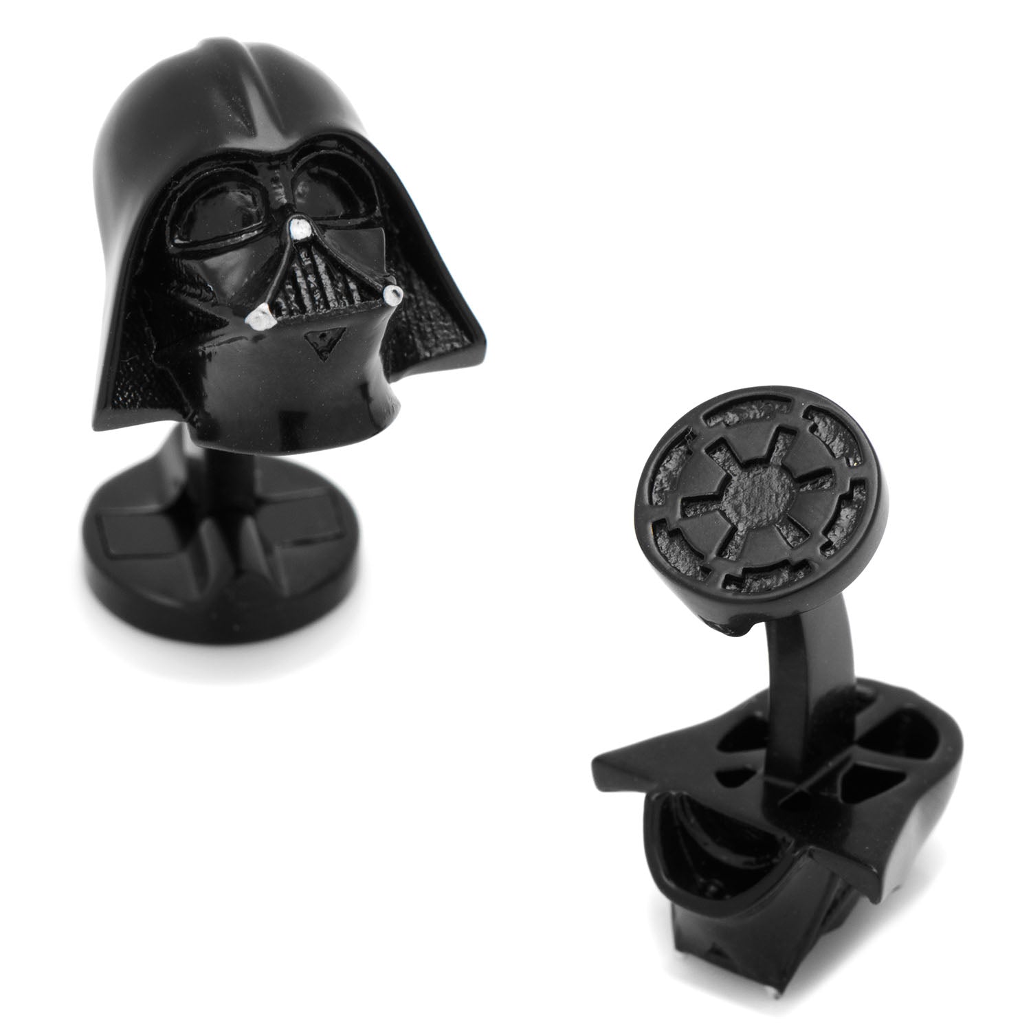 The Star Wars Darth Vader 3D Cufflinks by Cufflinks.com feature one cufflink shaped like Vader’s helmet and the other with the Galactic Empire symbol, making them perfect accessories for any fan. Shown on a white background.