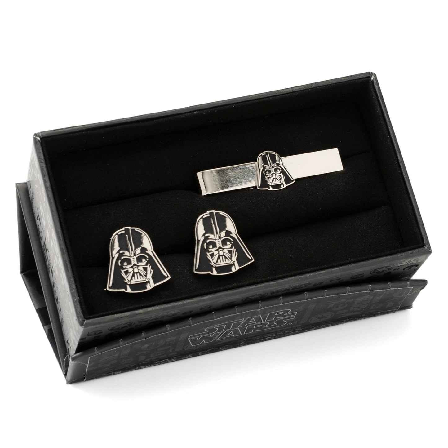 The Star Wars Darth Vader Cufflinks and Tie Bar Gift Set by Cufflinks.com features officially licensed cufflinks and a matching tie clip, displayed on a white background.