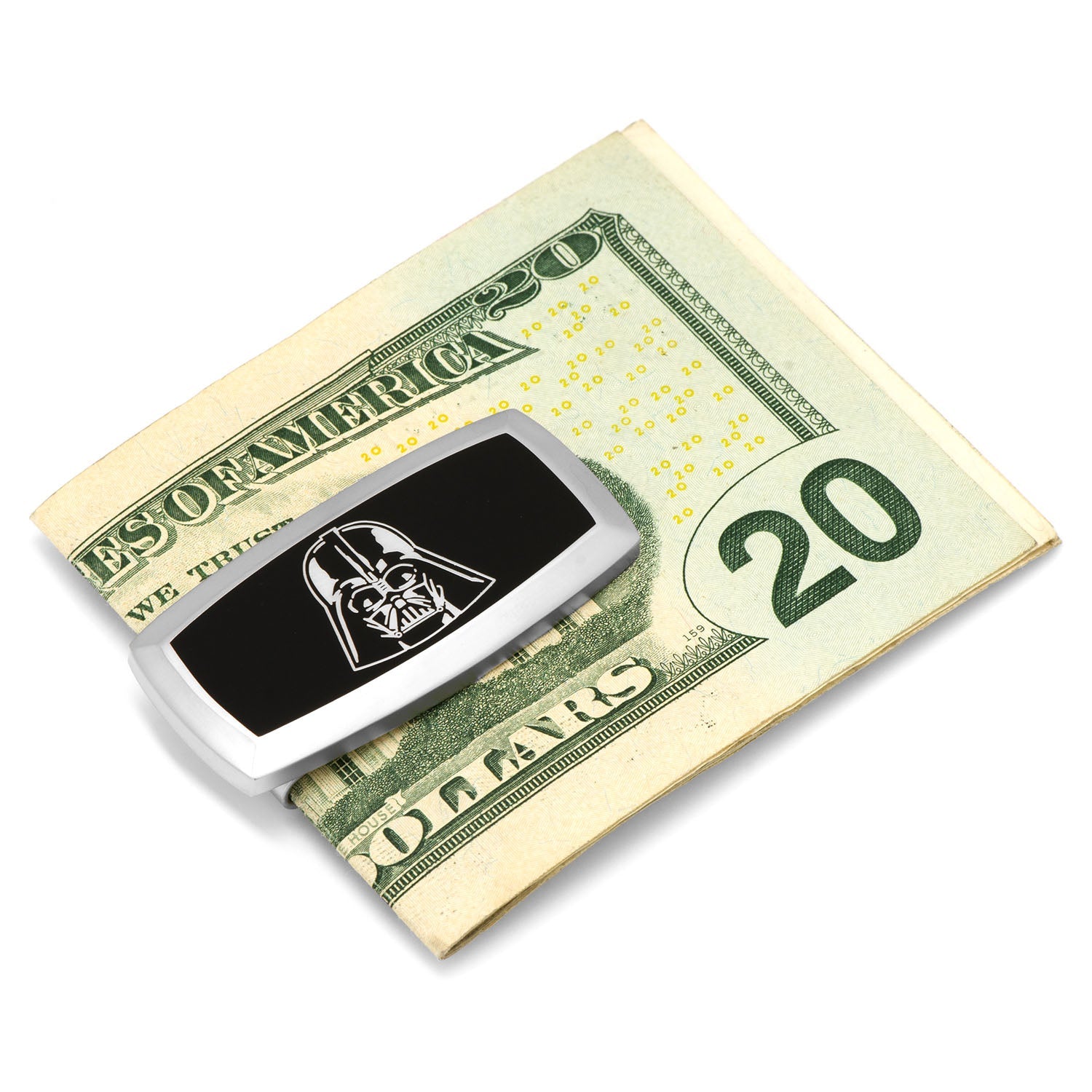 The Star Wars Darth Vader Cushion Money Clip by Cufflinks.com is a rectangular silver accessory with a black face, featuring a white outline of Darth Vader's helmet—an officially licensed Lucasfilm product for fans.