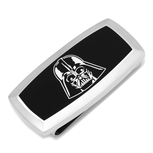 The Star Wars Darth Vader Cushion Money Clip by Cufflinks.com is a rectangular silver accessory with a black face, featuring a white outline of Darth Vader's helmet—an officially licensed Lucasfilm product for fans.