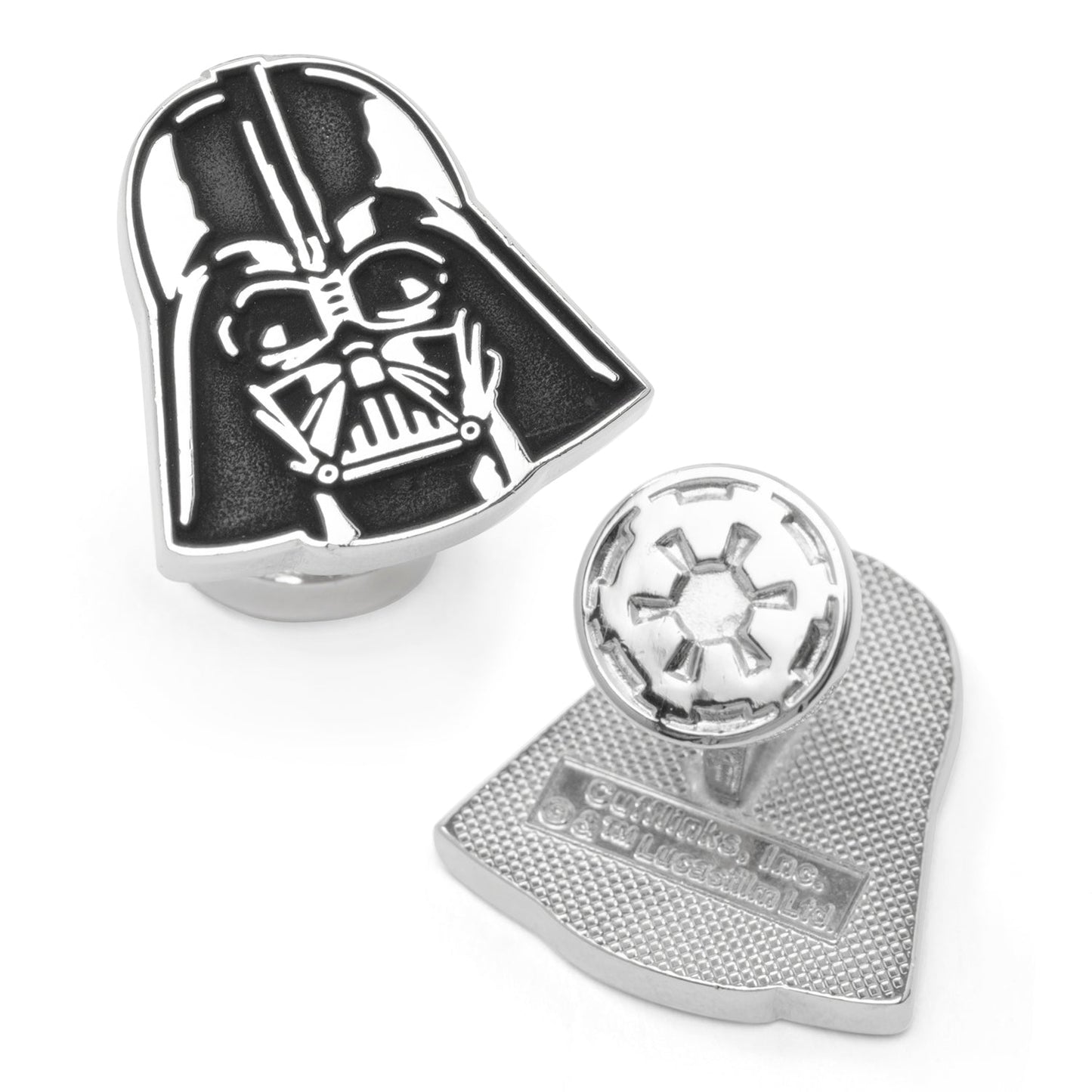The Star Wars Darth Vader Recessed Matte Cufflinks by Cufflinks.com feature a silver and black helmet design—ideal accessories for any Star Wars fan.