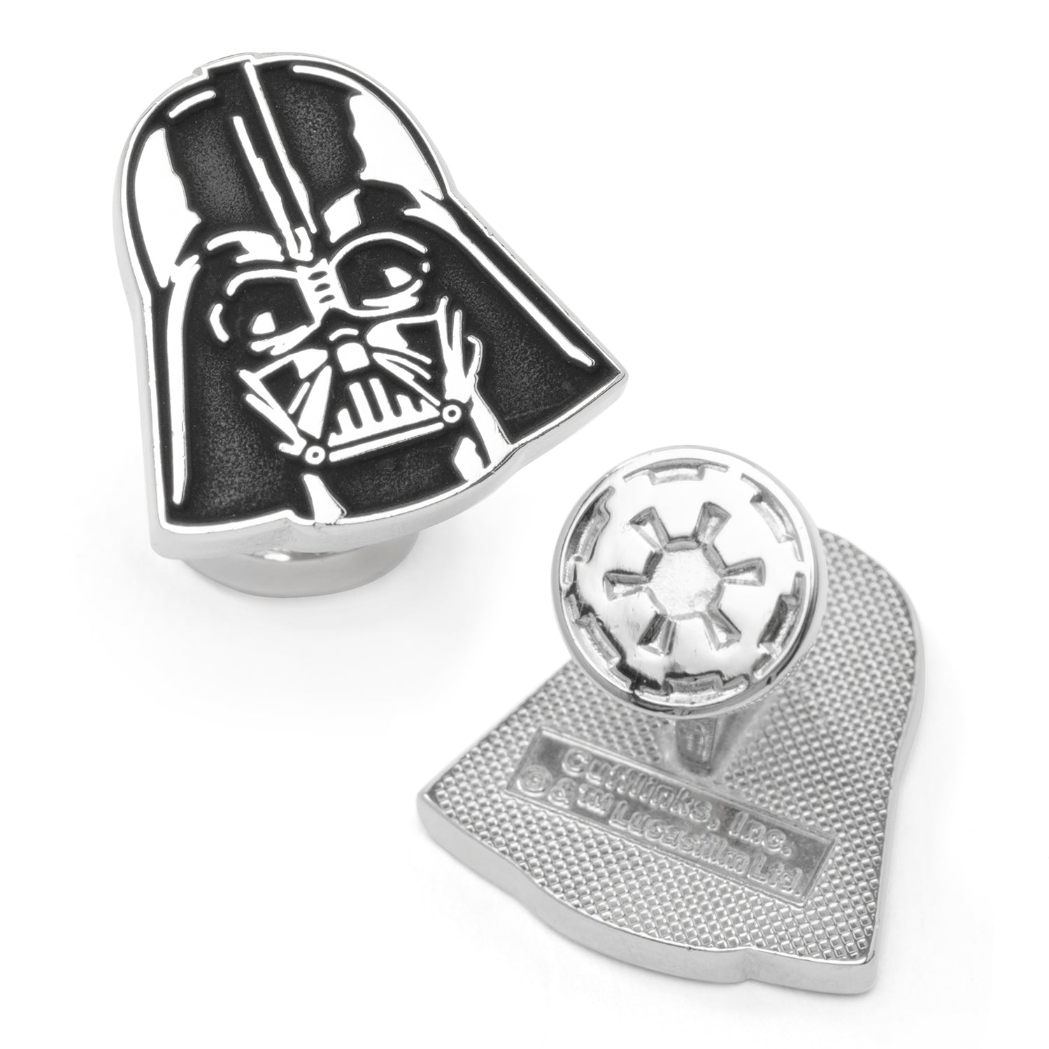 The Star Wars Darth Vader Recessed Matte Cufflinks by Cufflinks.com feature a silver and black helmet design—ideal accessories for any Star Wars fan.