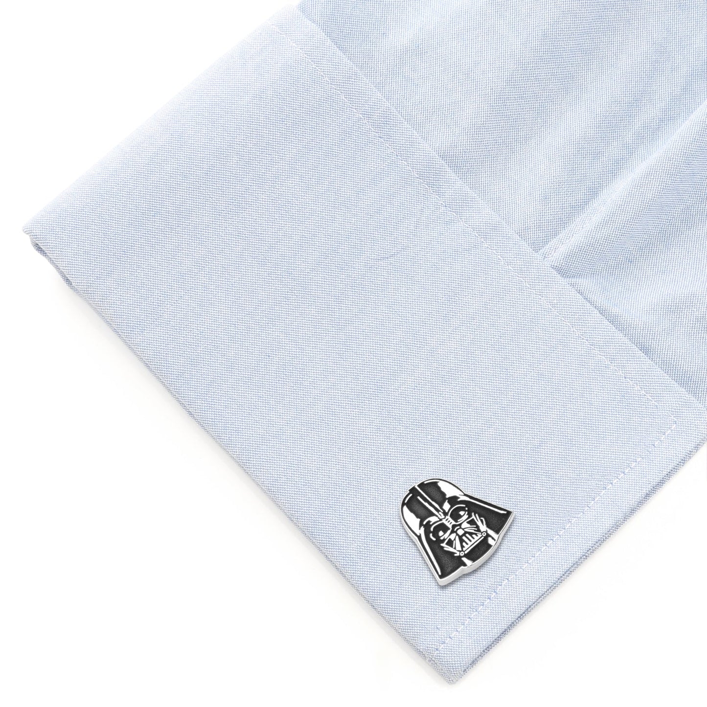 The Star Wars Darth Vader Recessed Matte Cufflinks by Cufflinks.com feature a silver and black helmet design—ideal accessories for any Star Wars fan.