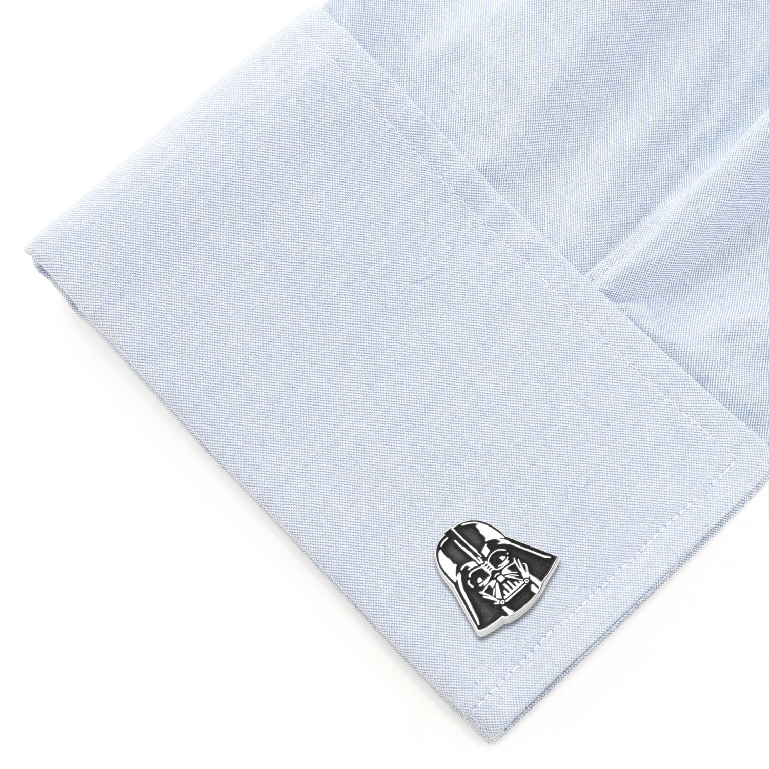 The Star Wars Darth Vader Recessed Matte Cufflinks by Cufflinks.com feature a silver and black helmet design—ideal accessories for any Star Wars fan.