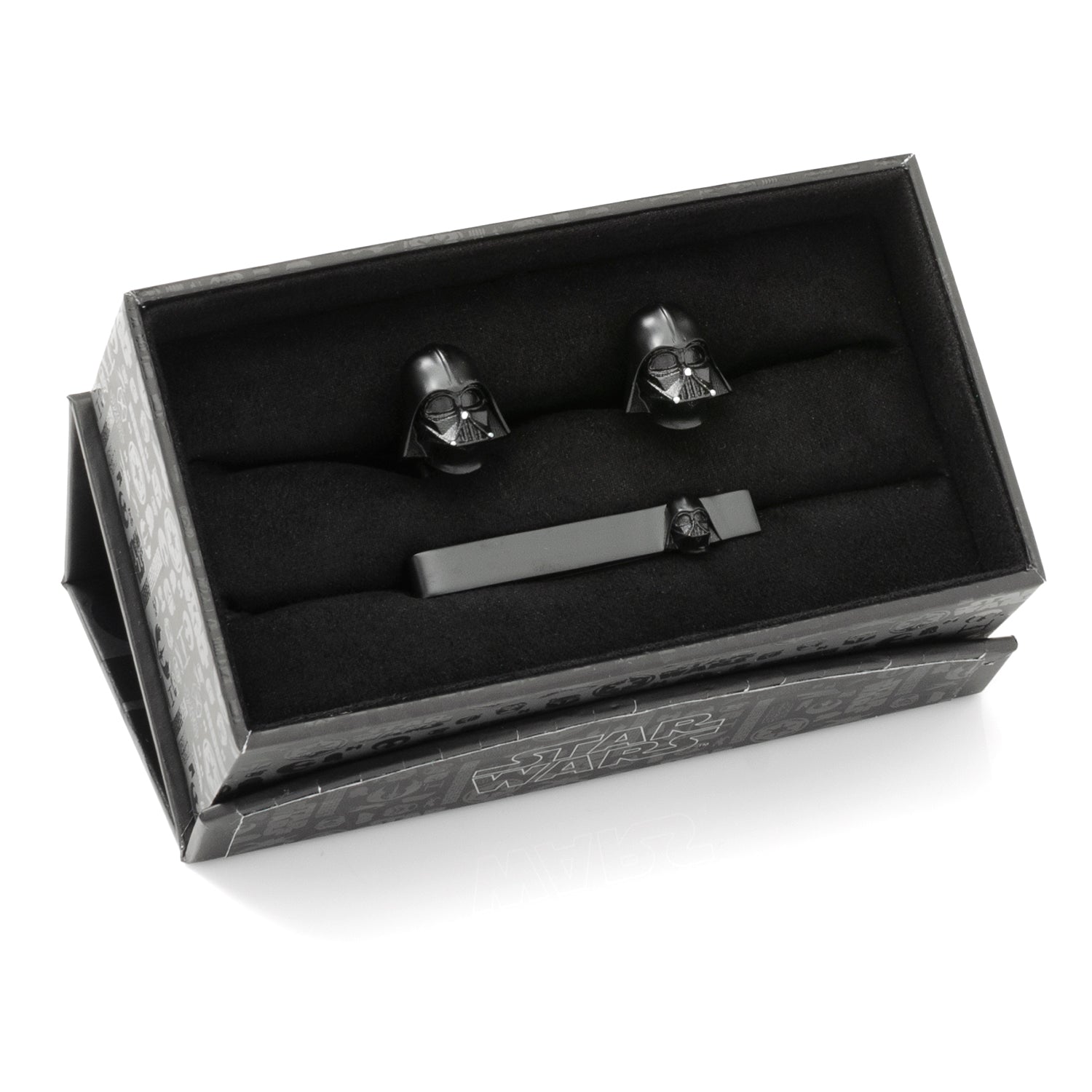 The Star Wars Darth Vader 3D Cufflinks and Tie Bar Gift Set from Cufflinks.com features matte black accessories with helmeted mask designs—ideal for any fan. Shown on a white background.