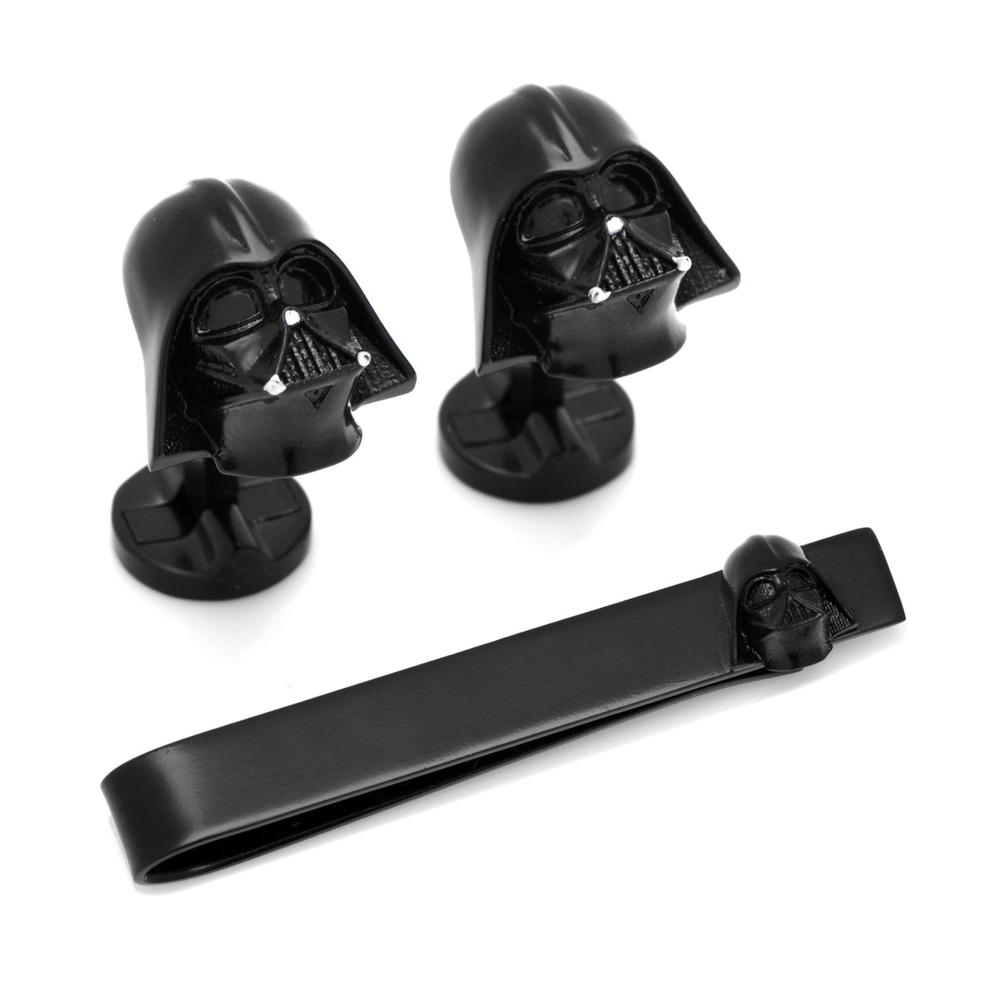 The Star Wars Darth Vader 3D Cufflinks and Tie Bar Gift Set from Cufflinks.com features matte black accessories with helmeted mask designs—ideal for any fan. Shown on a white background.
