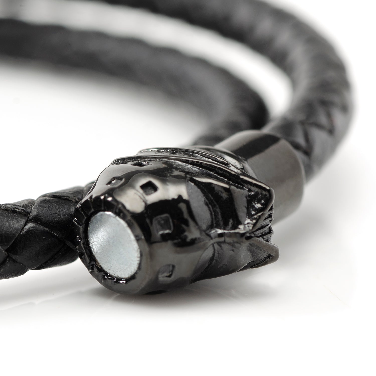 The Star Wars Darth Vader Double Wrap Bracelet by Cufflinks.com features black braided leather and a glossy helmet clasp with stainless steel accents—an iconic jewelry piece for fans.