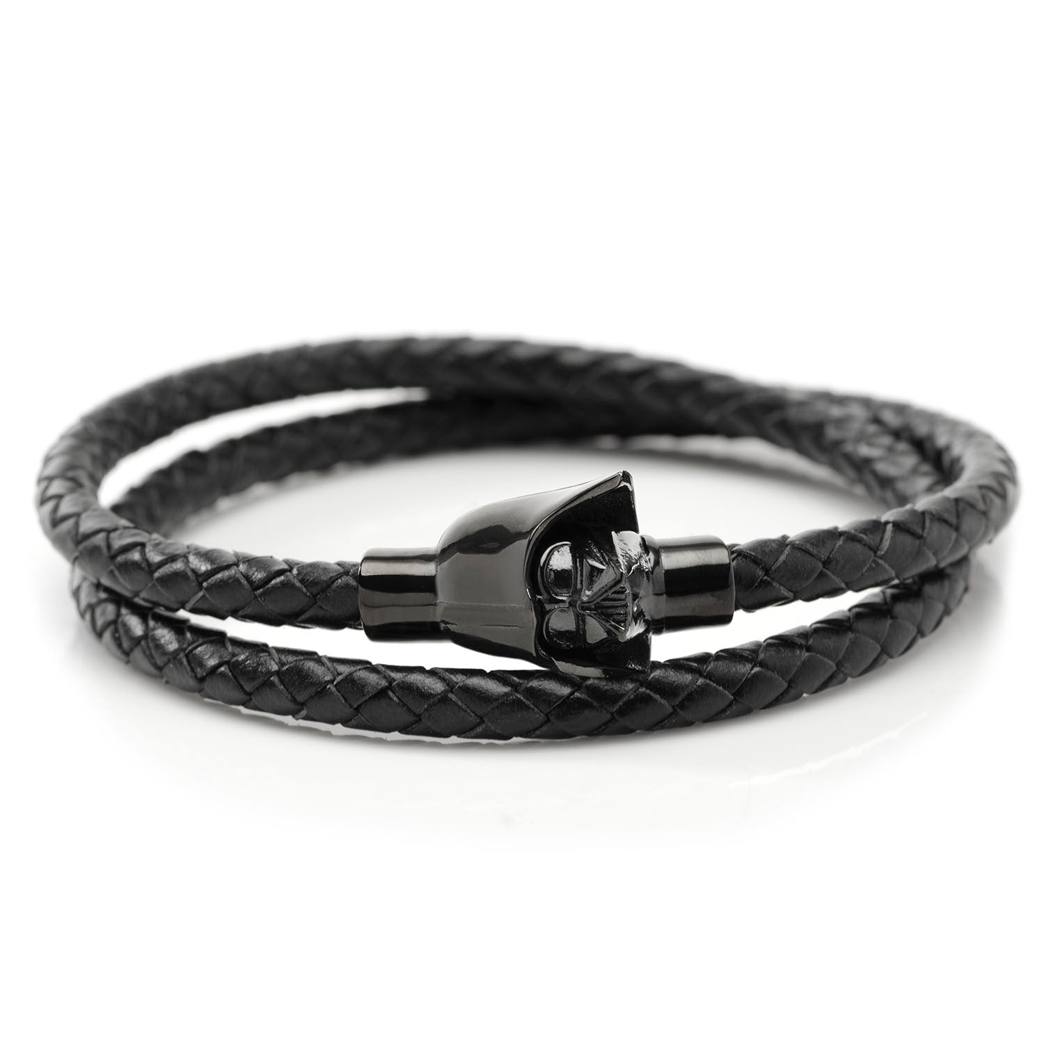 The Star Wars Darth Vader Double Wrap Bracelet by Cufflinks.com features black braided leather and a glossy helmet clasp with stainless steel accents—an iconic jewelry piece for fans.