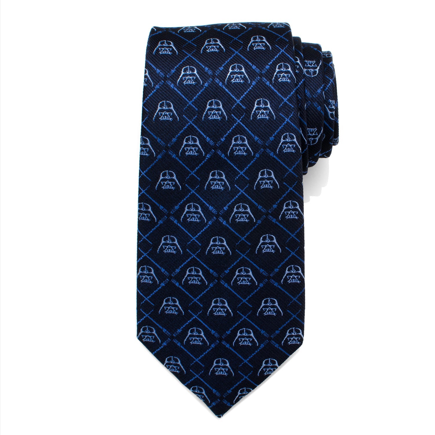 The Star Wars Darth Vader and LIGHTSABER Blue Checkered Tie from Cufflinks.com features a navy blue design with light blue Darth Vader helmets and crossed lightsabers.