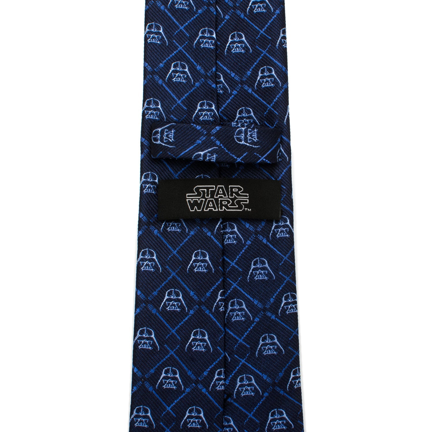 The Star Wars Darth Vader and LIGHTSABER Blue Checkered Tie from Cufflinks.com features a navy blue design with light blue Darth Vader helmets and crossed lightsabers.