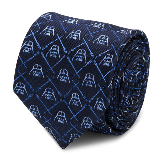 The Star Wars Darth Vader and LIGHTSABER Blue Checkered Tie from Cufflinks.com features a navy blue design with light blue Darth Vader helmets and crossed lightsabers.