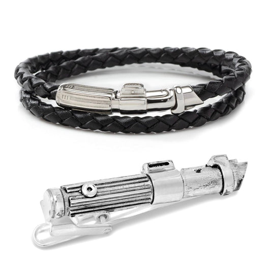 The Star Wars Darth Vader Light Saber Bracelet and Tie Clip Gift Set by Cufflinks.com features a black braided leather bracelet with lightsaber clasp and a matching tie clip—an ideal gift for any Star Wars fan.