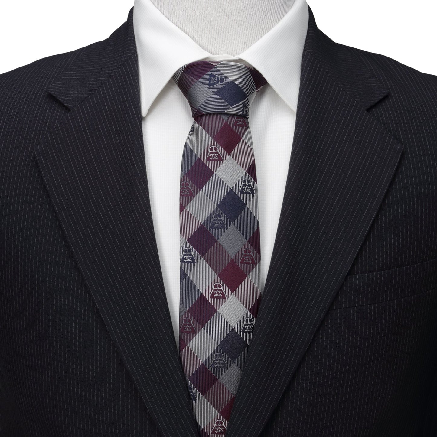 The Cufflinks.com Star Wars Darth Vader Plum Plaid Tie features burgundy, navy, and silver tones with small Darth Vader motifs—an ideal way to add subtle Star Wars style to any outfit.