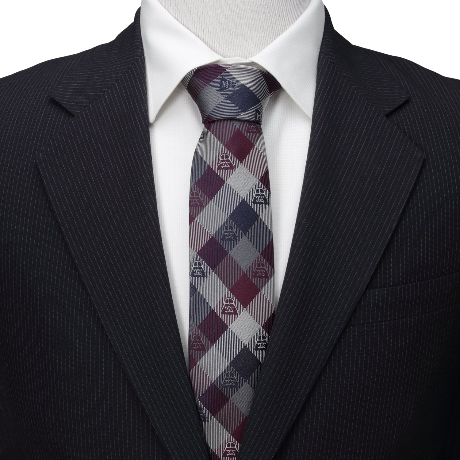 The Cufflinks.com Star Wars Darth Vader Plum Plaid Tie features burgundy, navy, and silver tones with small Darth Vader motifs—an ideal way to add subtle Star Wars style to any outfit.