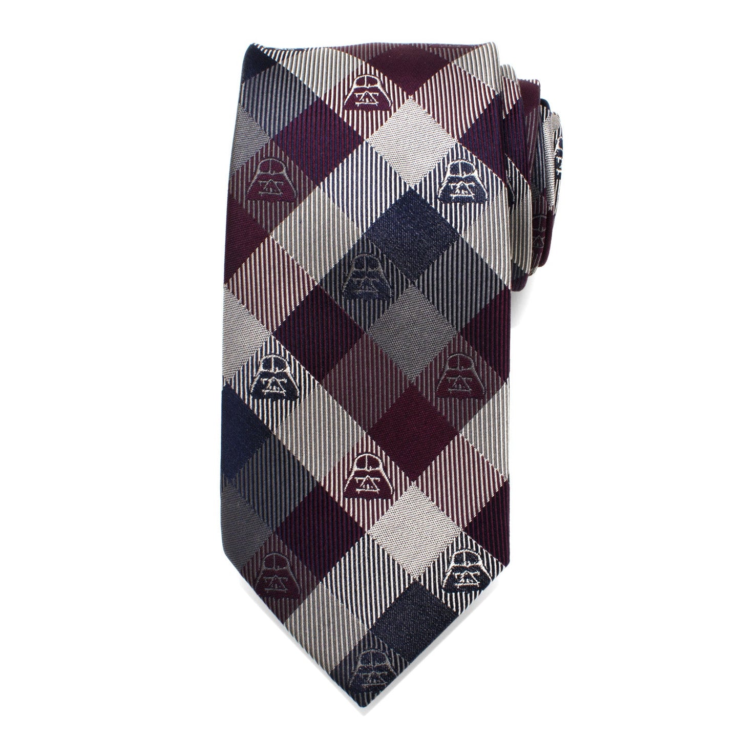 The Cufflinks.com Star Wars Darth Vader Plum Plaid Tie features burgundy, navy, and silver tones with small Darth Vader motifs—an ideal way to add subtle Star Wars style to any outfit.