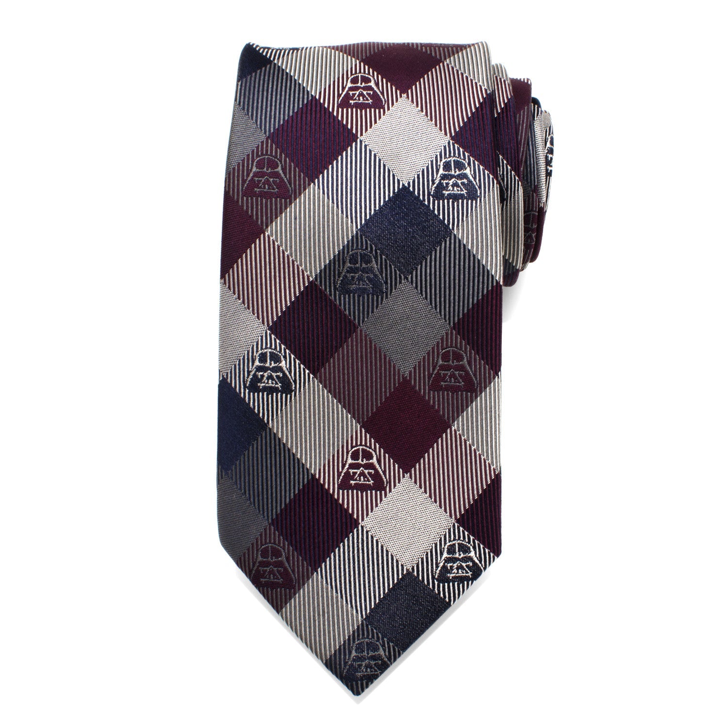 The Cufflinks.com Star Wars Darth Vader Plum Plaid Tie features burgundy, navy, and silver tones with small Darth Vader motifs—an ideal way to add subtle Star Wars style to any outfit.