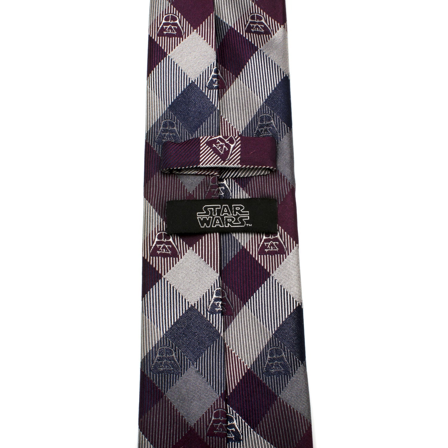The Cufflinks.com Star Wars Darth Vader Plum Plaid Tie features burgundy, navy, and silver tones with small Darth Vader motifs—an ideal way to add subtle Star Wars style to any outfit.