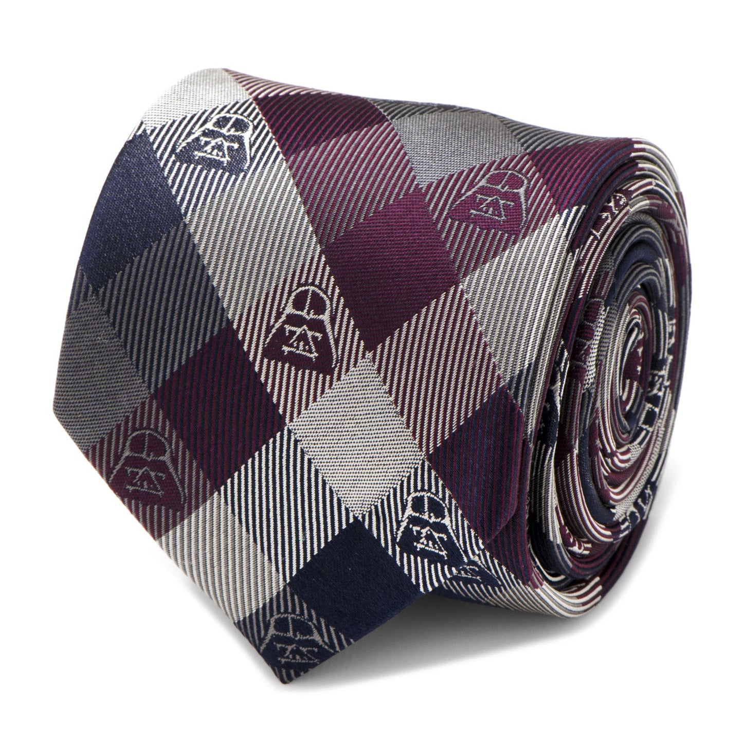 The Cufflinks.com Star Wars Darth Vader Plum Plaid Tie features burgundy, navy, and silver tones with small Darth Vader motifs—an ideal way to add subtle Star Wars style to any outfit.