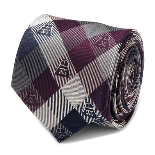 The Cufflinks.com Star Wars Darth Vader Plum Plaid Tie features burgundy, navy, and silver tones with small Darth Vader motifs—an ideal way to add subtle Star Wars style to any outfit.
