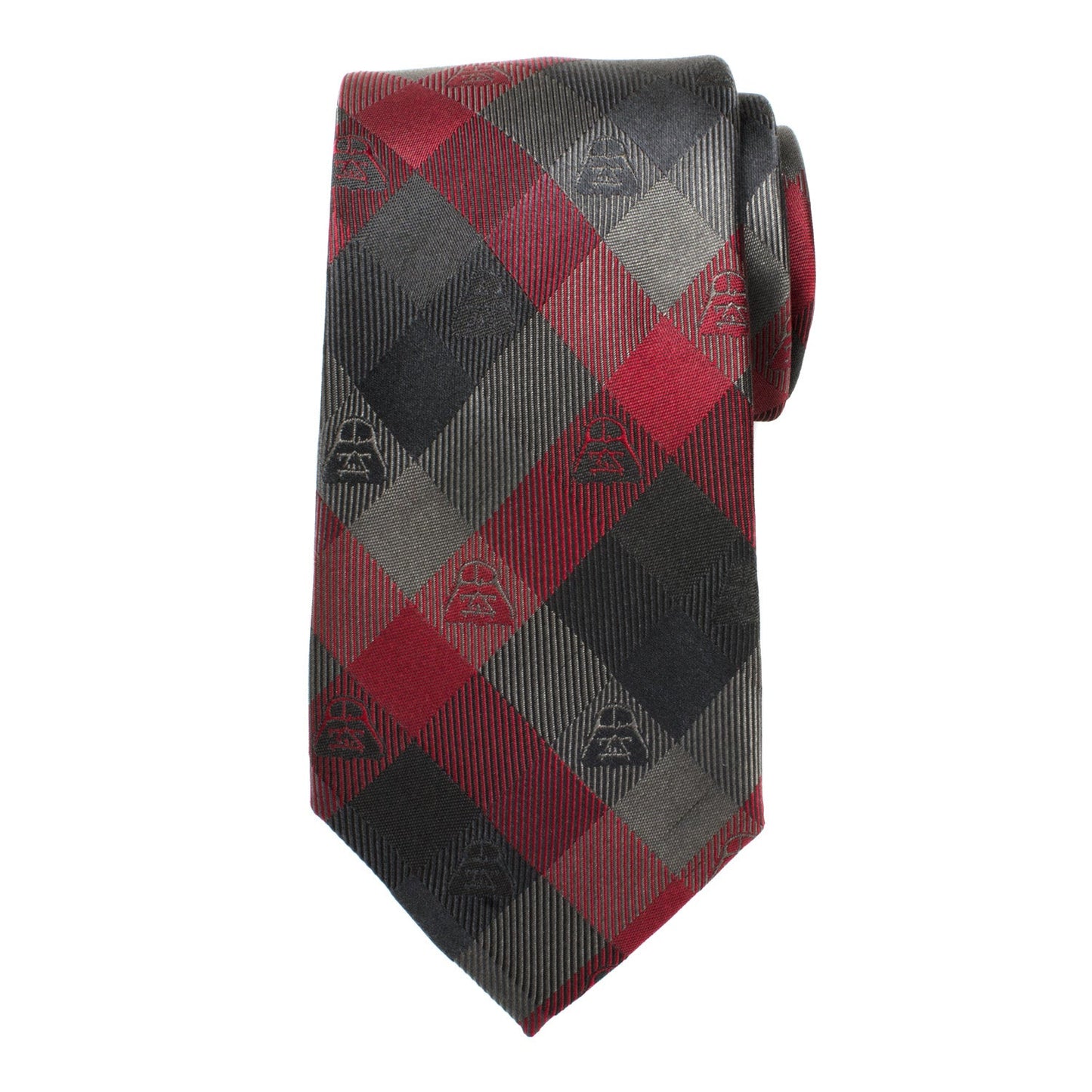 The Star Wars Darth Vader Black and Red Plaid Tie by Cufflinks.com features a stylish plaid design with Darth Vader helmets—perfect for any fan.