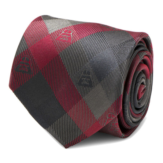 The Star Wars Darth Vader Black and Red Plaid Tie by Cufflinks.com features a stylish plaid design with Darth Vader helmets—perfect for any fan.