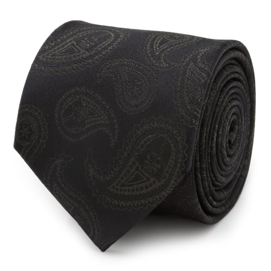The Star Wars Darth Vader Black Paisley Silk Tie by Cufflinks.com, featuring a subtle paisley design, is shown rolled up on a white background.
