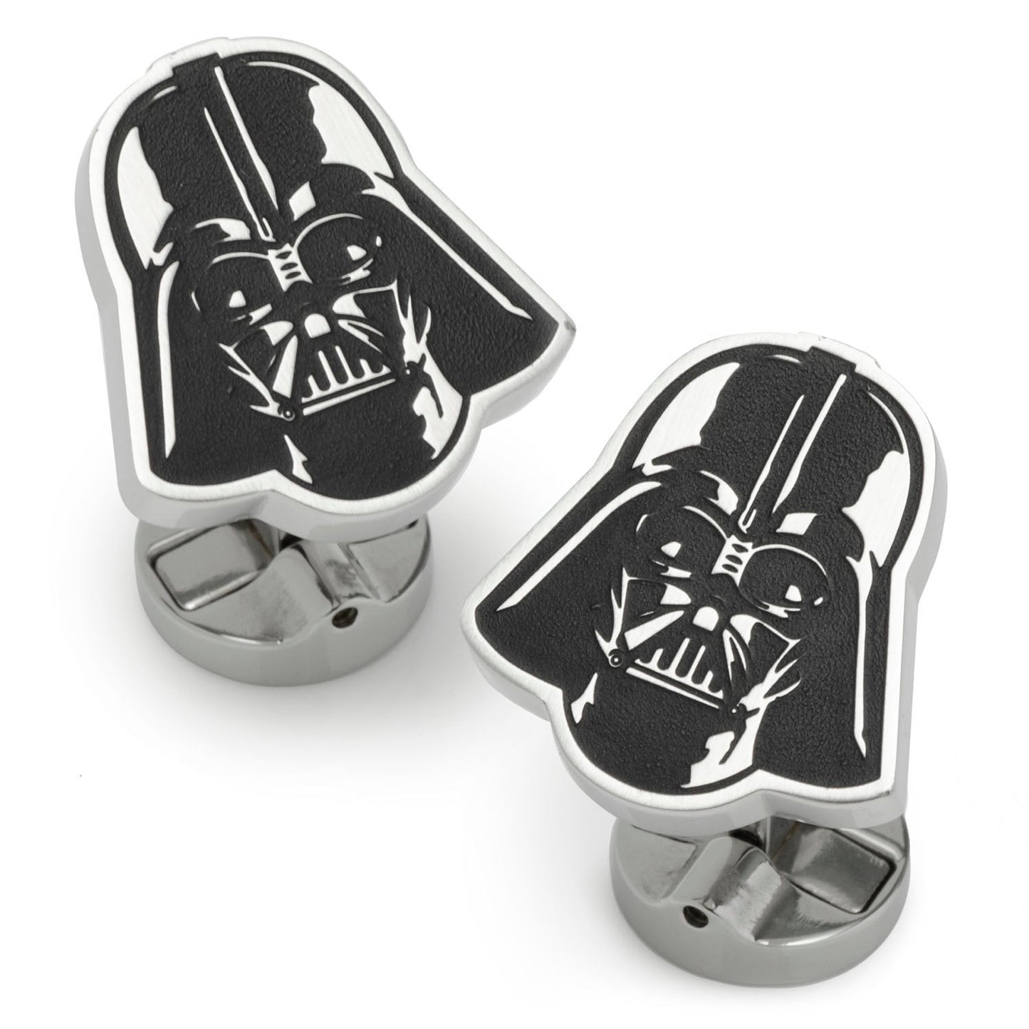The Star Wars Darth Vader Stainless Steel Printed Cufflinks by Cufflinks.com feature Darth Vader’s helmet on one and the Star Wars logo on the other, both in sleek black and silver tones.