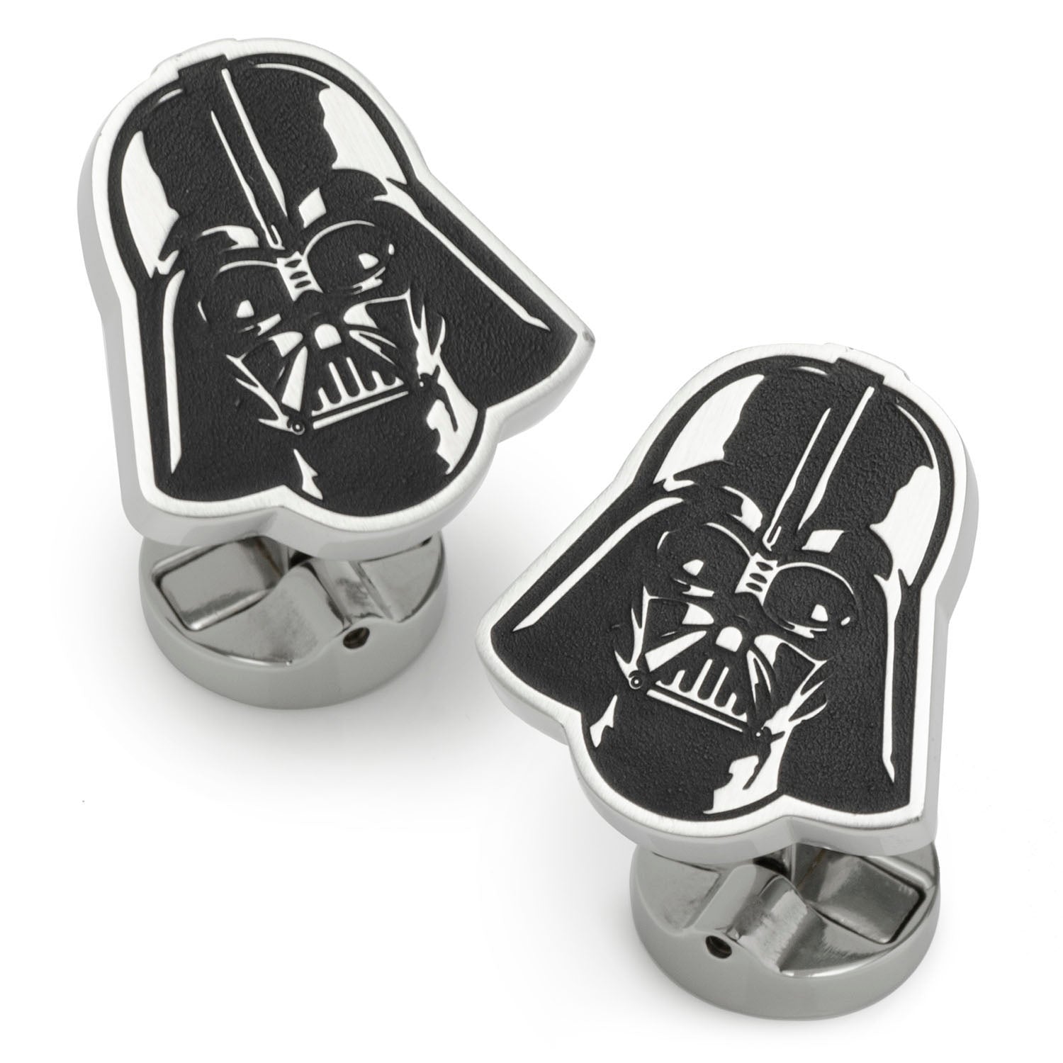 The Star Wars Darth Vader Stainless Steel Printed Cufflinks by Cufflinks.com feature Darth Vader’s helmet on one and the Star Wars logo on the other, both in sleek black and silver tones.
