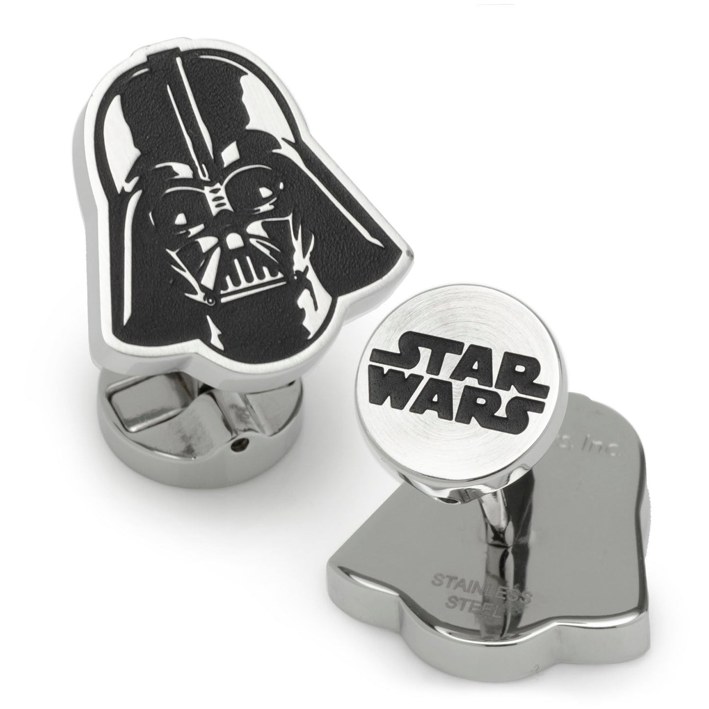 The Star Wars Darth Vader Stainless Steel Printed Cufflinks by Cufflinks.com feature Darth Vader’s helmet on one and the Star Wars logo on the other, both in sleek black and silver tones.