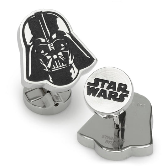 The Star Wars Darth Vader Stainless Steel Printed Cufflinks by Cufflinks.com feature Darth Vader’s helmet on one and the Star Wars logo on the other, both in sleek black and silver tones.