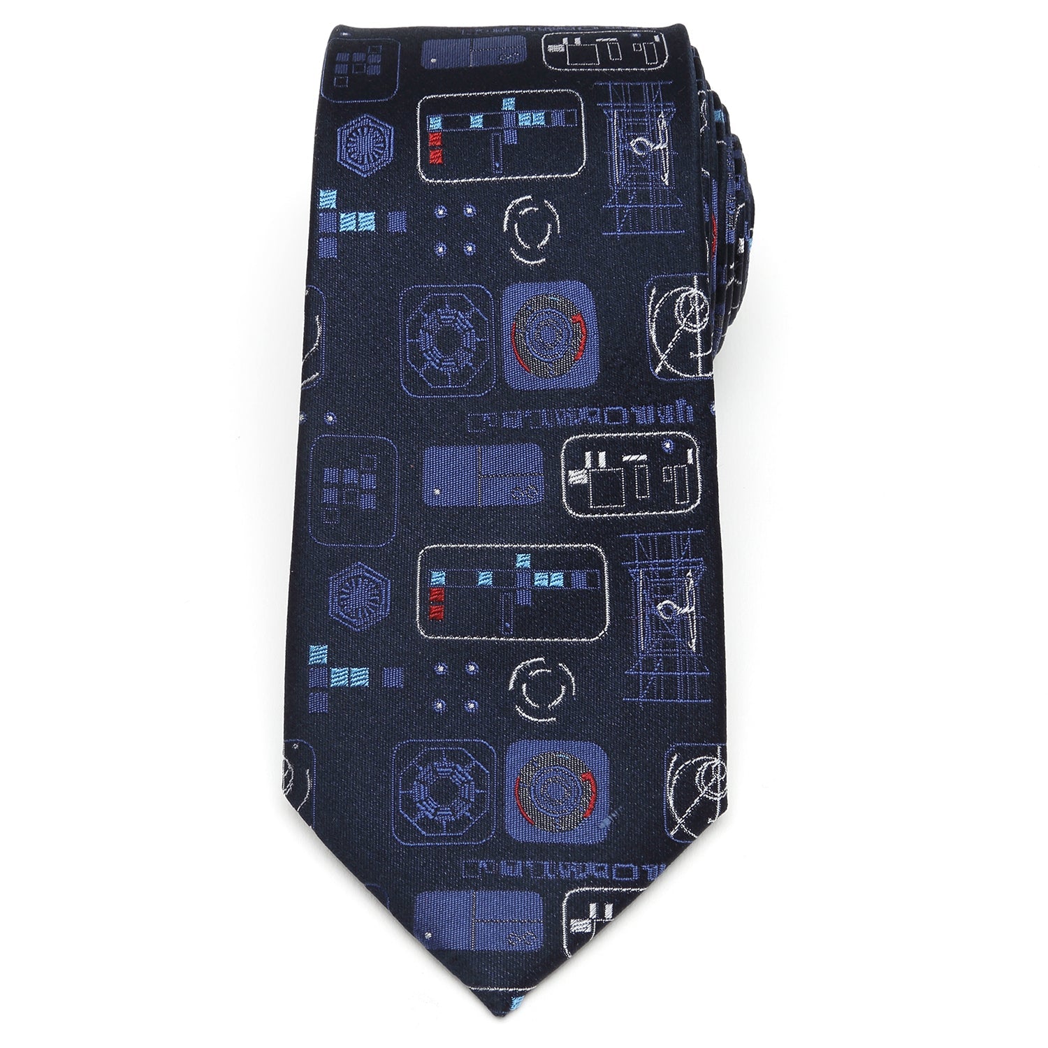 The Star Wars Episode 9 Blue Tie by Cufflinks.com features geometric and sci-fi patterns in blue and red, making it official Lucasfilm merchandise that adds a bold touch to any fan’s wardrobe.