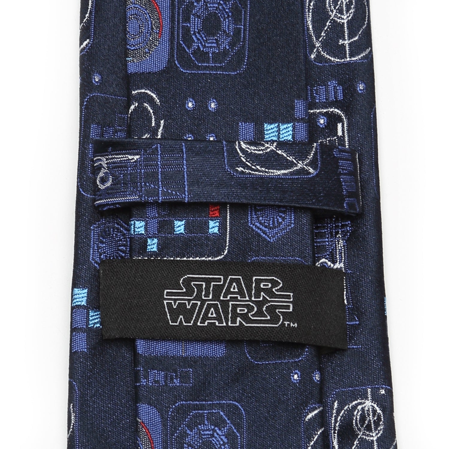 The Star Wars Episode 9 Blue Tie by Cufflinks.com features geometric and sci-fi patterns in blue and red, making it official Lucasfilm merchandise that adds a bold touch to any fan’s wardrobe.