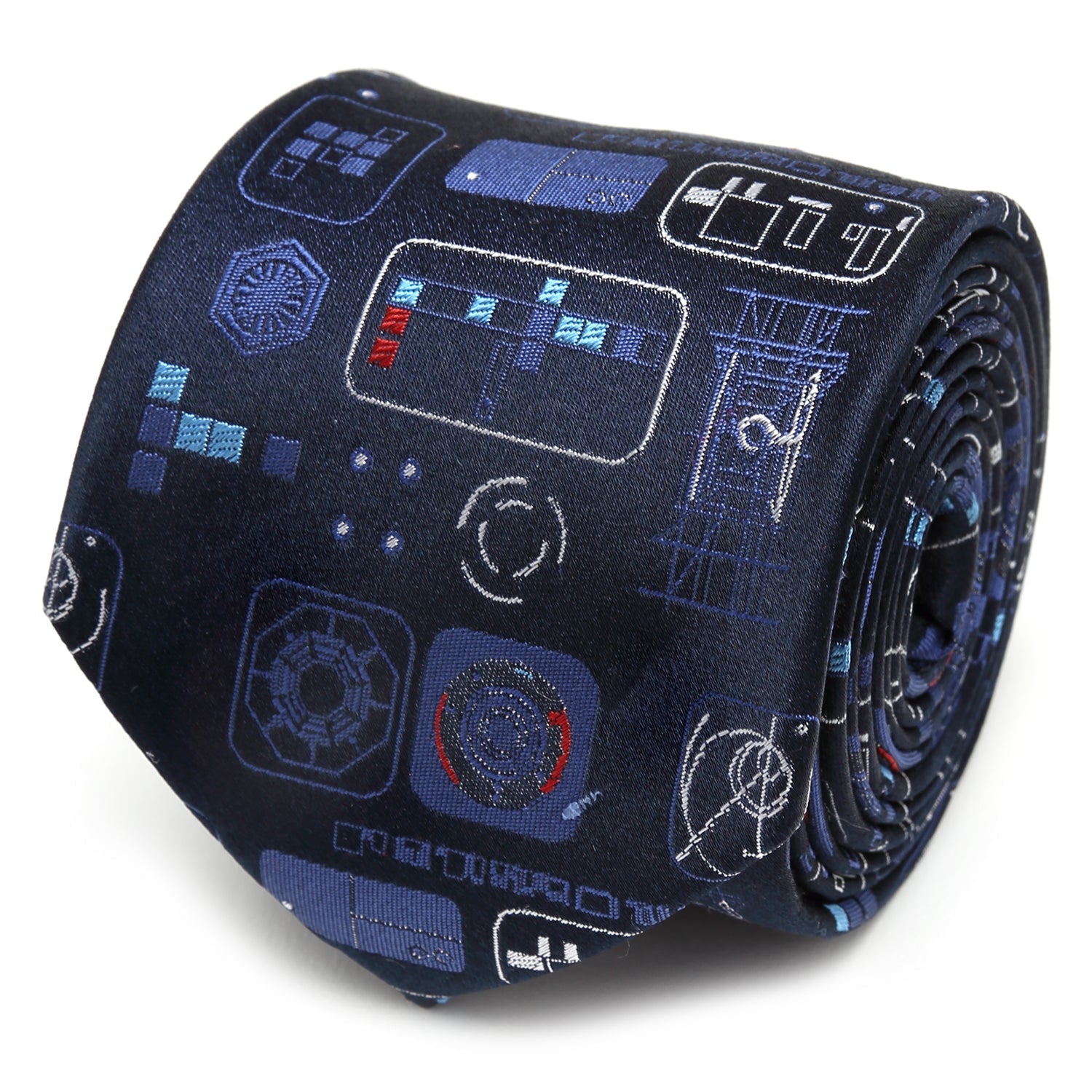 The Star Wars Episode 9 Blue Tie by Cufflinks.com features geometric and sci-fi patterns in blue and red, making it official Lucasfilm merchandise that adds a bold touch to any fan’s wardrobe.