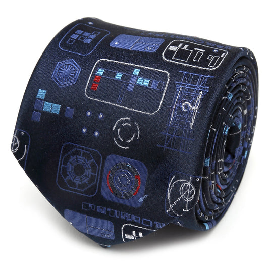 The Star Wars Episode 9 Blue Tie by Cufflinks.com features geometric and sci-fi patterns in blue and red, making it official Lucasfilm merchandise that adds a bold touch to any fan’s wardrobe.