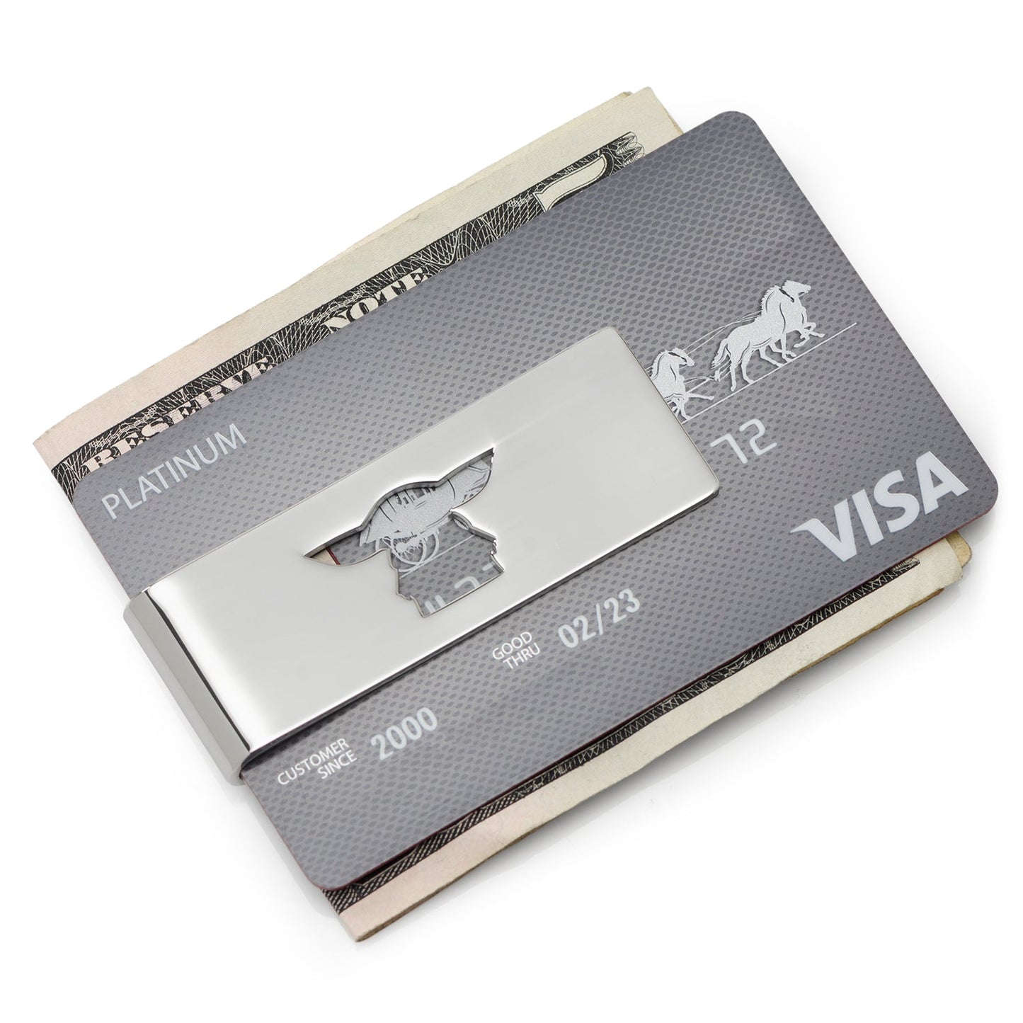 The Cufflinks.com Star Wars Grogu Cutout Money Clip showcases a silver silhouette design of Grogu, styled in his iconic wide-brimmed hat, against a white background.