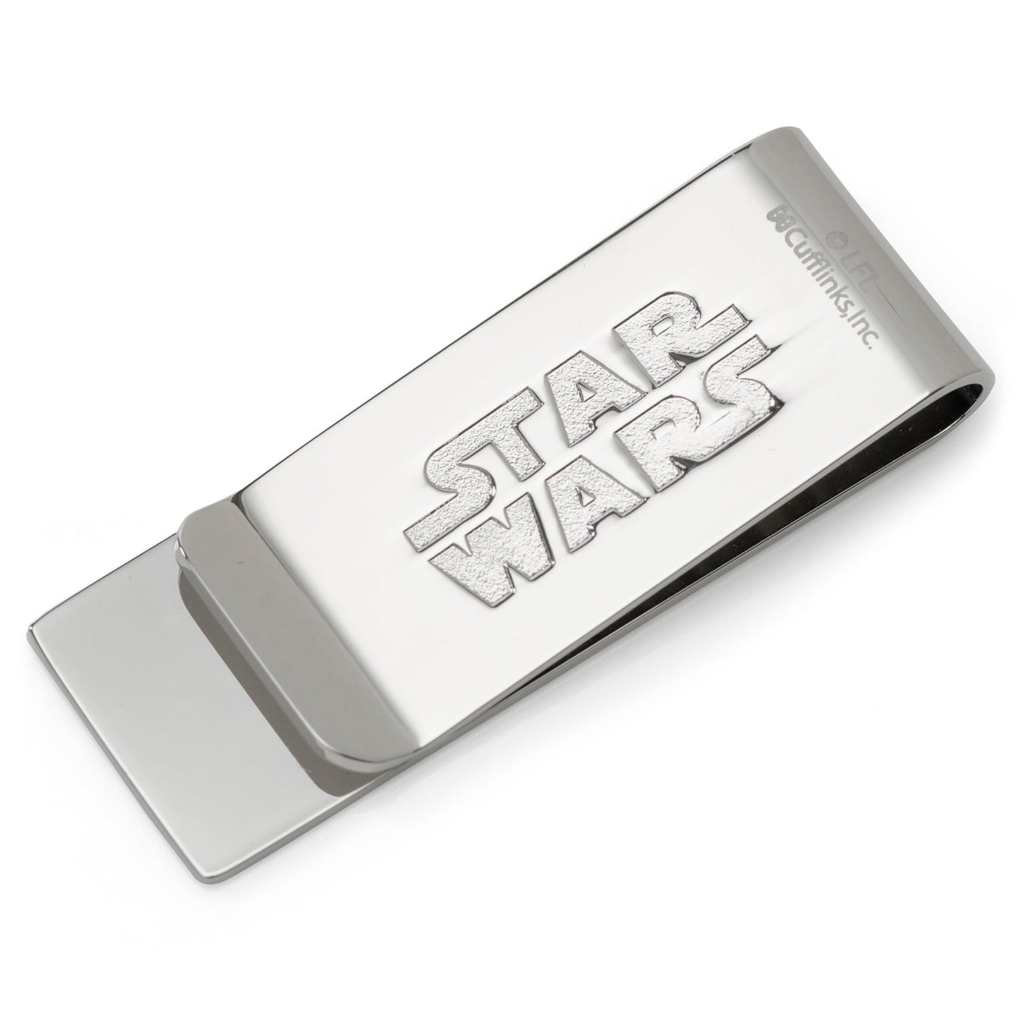 The Cufflinks.com Star Wars Grogu Cutout Money Clip showcases a silver silhouette design of Grogu, styled in his iconic wide-brimmed hat, against a white background.