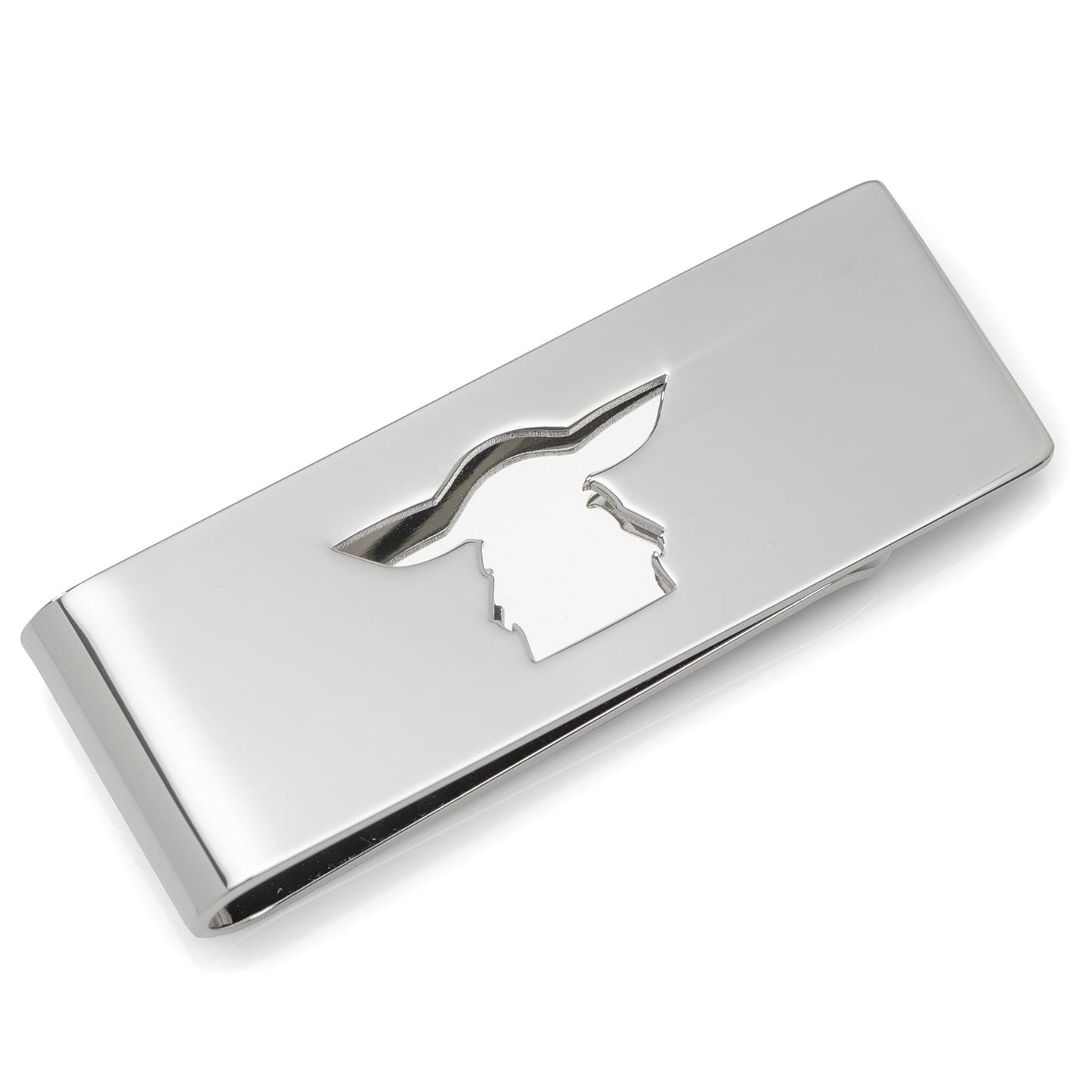 The Cufflinks.com Star Wars Grogu Cutout Money Clip showcases a silver silhouette design of Grogu, styled in his iconic wide-brimmed hat, against a white background.